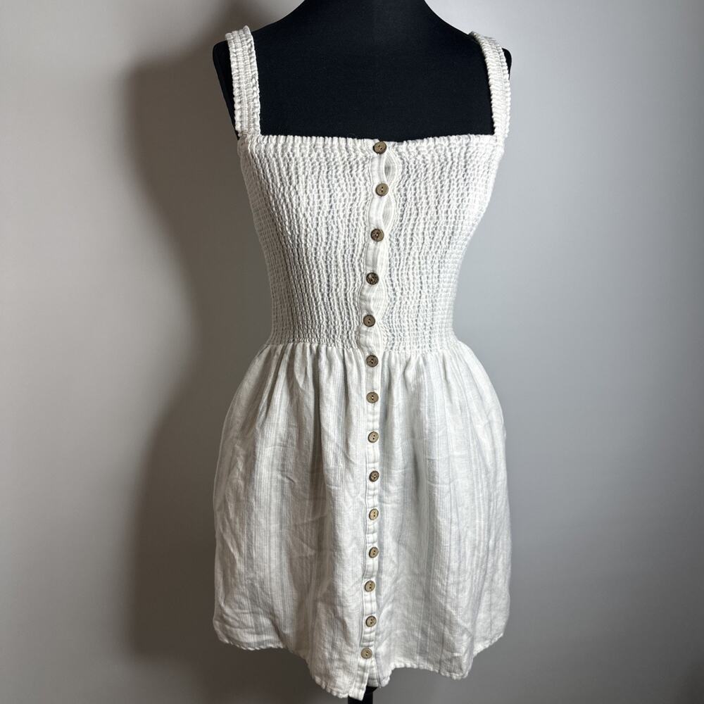 Chaser Smoked Linen Babydoll Mini Dress White Sundress Cottagecore Women's Small